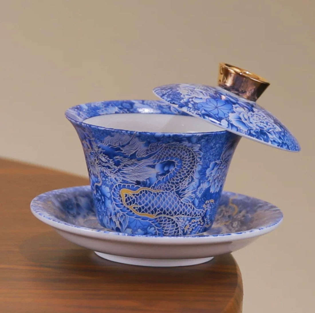 Chinese Porcelain Gaiwan,Tradition Tea Cup Set,Best Gift (Blue Dragon)