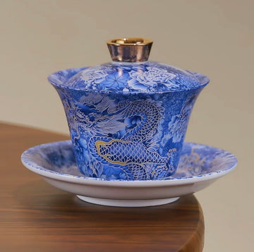 Chinese Porcelain Gaiwan,Tradition Tea Cup Set,Best Gift (Blue Dragon)